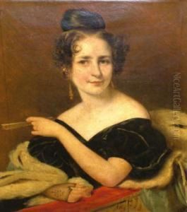 Portrait Of A Lady Seated Half-length Holding A Fan And Portrait Of A Gentleman Standing Quarter-length Holding A Book Beneath His Arm; Oils On Canvas, A Pair, One Signed, In Matching Gilt Composition Frames, 71x57.5cm., Ea