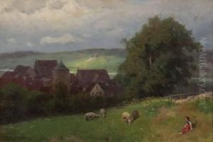 Madchen Und Schafe Auf Der Dorfwiese