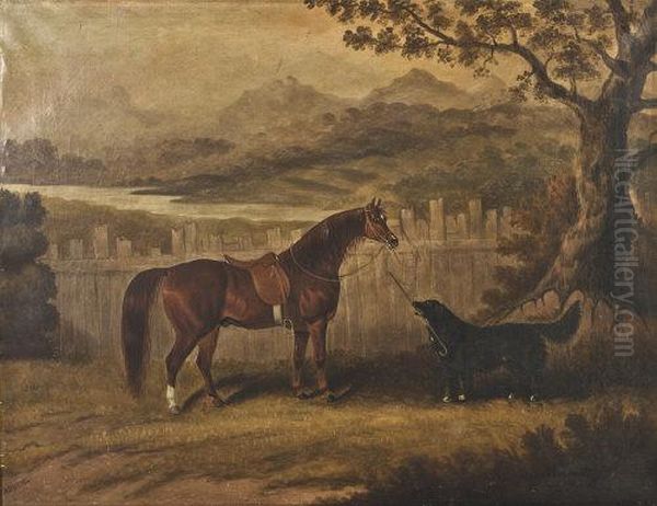 Chestnut Horse Tethered To A Fence, Black Dog Standing Guard - view 1