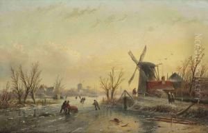 Skaters On The Ice At Sunset, With A Dutch Town In The Distance