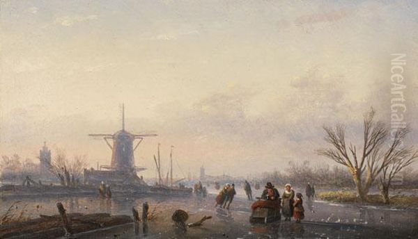 Kleine Winterlandschaft Mit Windmuhle Und Eislaufern - view 1