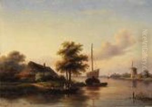 Hollandische Kanallandschaft Mit Schiffen Und Windmuhle