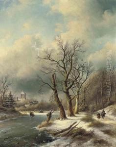 Figures Skating On A Frozen Lake, A Village Beyond