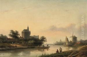 A Summer Landscape With A Ferry Crossing A Waterway