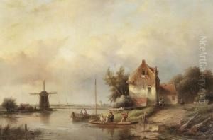 A Summer Landscape With A Windmill And A Ferry Crossing Awaterway