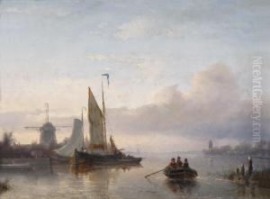 River Landscape At Dusk With Fishermen And Windmill