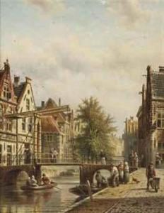 Activities On A Canal In A Dutch Town by Johannes Franciscus Spohler