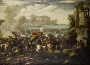 A Cavalry Skirmish Between Turks And Europeanswith A Fortified Town And Harbour Beyond;