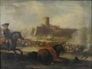 A Cavalry Battle Before A Walled Town by Ilario Mercanti Spolverini