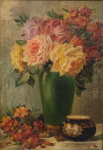 Still Life Of Roses And Wall Flowers In A Green Vase On A Table With A Porcelain Bowl