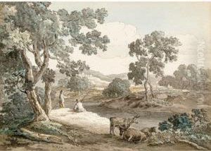 Anglers In A Landscape, Cows Resting In The Foreground