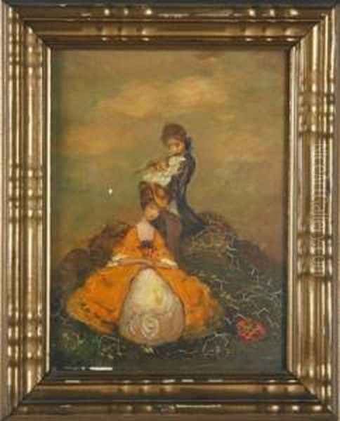 - "zwiegesprach" - Dame Mit Putte Und Singvogel, Ca. 26 X 20 Cm, Re. Oben Betit. Und Signiert - view 1