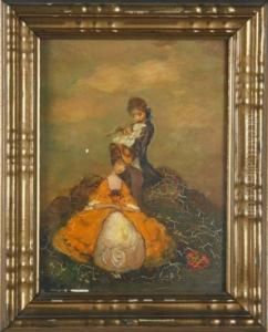- "zwiegesprach" - Dame Mit Putte Und Singvogel, Ca. 26 X 20 Cm, Re. Oben Betit. Und Signiert by Clara Sporleder