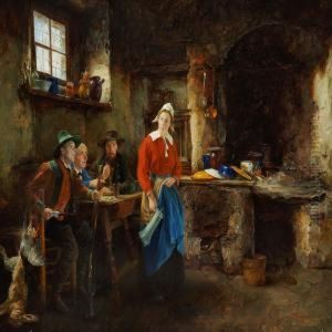 Interior With A Kitchenmaid Waiting On Three Gentlemen by Alfons Spring