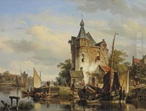 Moored Barges At A Quay Near A Keep