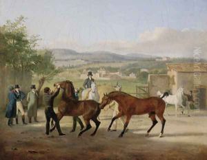 A stallion being led to a mare in a stable yard, a landscape with villas beyond by Jacques Laurent Agasse