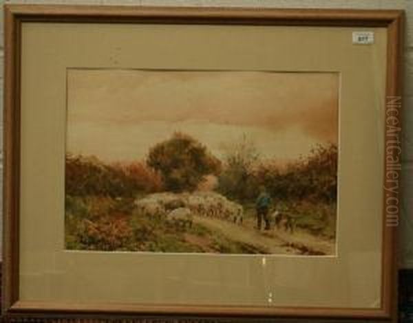 Shepherd With Sheepdog And Sheep In Rural Lane - view 1