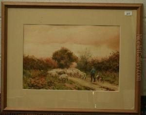 Shepherd With Sheepdog And Sheep In Rural Lane