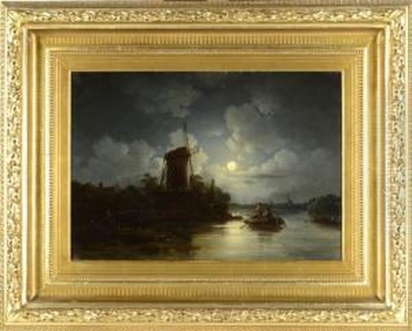 Manskenslandskap Med Roddbat Pa Kanal Och Vaderkvarn - view 1
