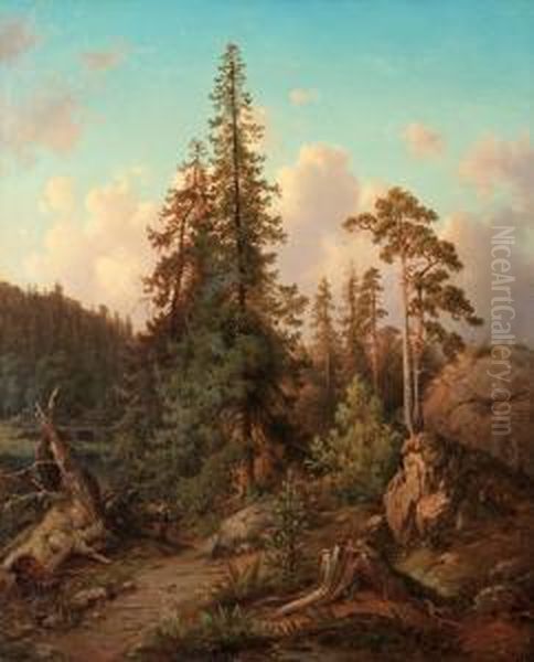 Forest Landscape With Woman Collecting Wood - view 1
