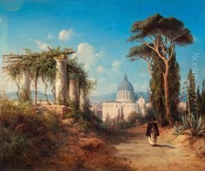 Walking Figures In The Outskirts Of Rome With Thest. 
Peter's Basilica In The Background