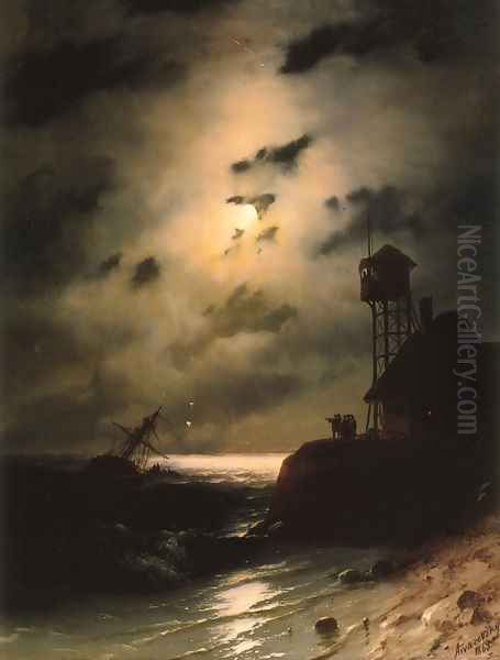 Moonlit Seascape With Shipwreck - view 1