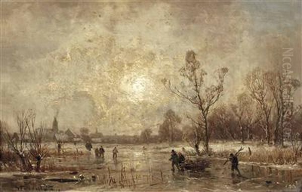 Winterlandschaft Mit Personenstaffage Und Windmuhle by Adolf Stademann