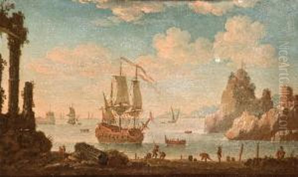 Veduta Di Porto Con Capriccio Sulla Sinistra, Vascello E Astanti In Primo Piano - view 1