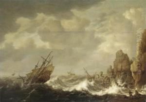 A Dutch Merchant And Other Ships In A Gale Off A Rocky Coast by Hendrick Staets