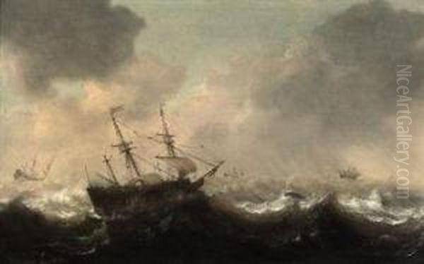 A Frigate And Other Ships In Choppy Waters, A Whale Nearby - view 1