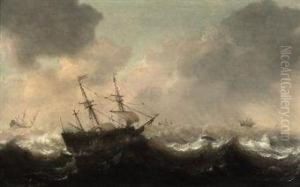 A Frigate And Other Ships In Choppy Waters, A Whale Nearby by Hendrick Staets