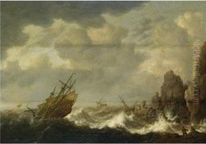 A Dutch Merchant Man And Other Shipping In Stormy Seas Near A Rockycoast by Hendrick Staets