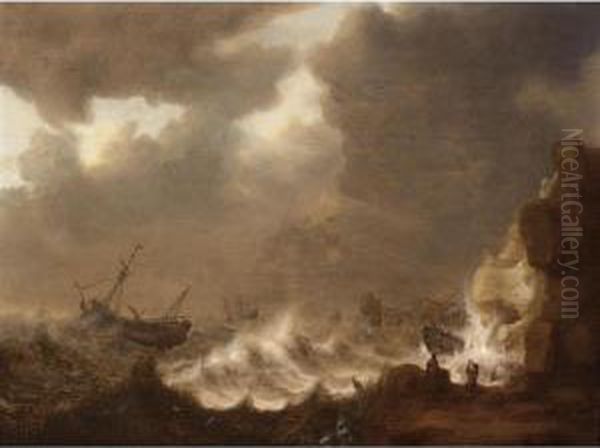Shipwreck In Stormy Seas Near A Rocky Coast, With Two Other Merchantmen In The Background - view 1
