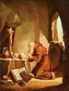 A Hermit Monk At Prayer Before A Crucifix Within A Cave by Johann Ullrich Stahelin