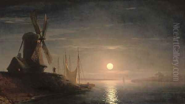 A windmill overlooking a moonlit bay - view 1