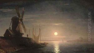 A windmill overlooking a moonlit bay