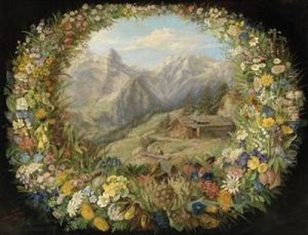View Of An Alpine Landscape Surrounded By Awreath Of Flowers - view 1