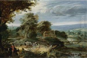 An Extensive Landscape With Travellers On A Path By A River, A Cottage Beyond by Pieter Stalpaert