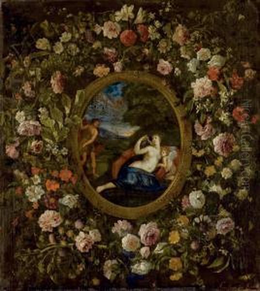 Venus, Apollon Et L'amour Entoures D'une Couronne De Fleurs - view 1