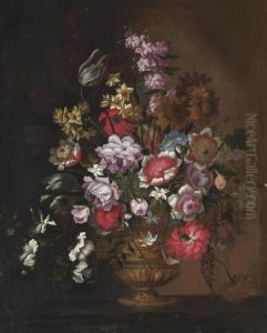 Poppies, Peonies, Tulips, Capers, Narcissi And Other Flowers In An Urn On A Ledge by Giovanni Stanchi