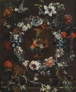 A Wreath Of Flowers Enclosing An Adorationof The Shepherds by Giovanni Stanchi