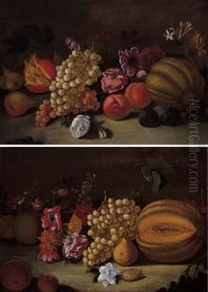 Lotto Unico Di Due Dipinti: <natura Morta Con Fiori, Uva E - view 1