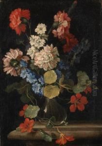 Carnations, Nasturtiums And Other Flowers In A Vase On A Stoneledge