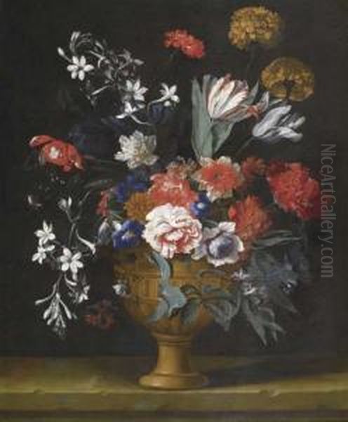 Flowers In A Vase On A Stone Table. - view 1