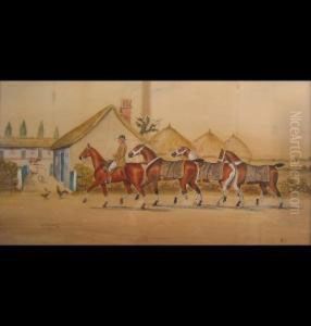 Grooms Man Leading Four Horsesback To The Stables by Henry William Standing
