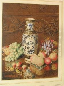 Still Life Of Fruit And Chinese Vase On A Table Top