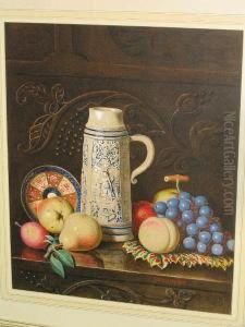 A Still Life Of Fruit And Beer Stein On A Table Top by Alexander Stanesby