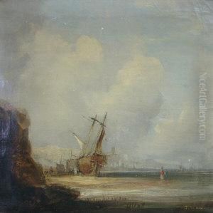 Beached Vessel On Ashore With Cliffs Beyond by George Clarkson Stanfield