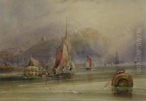 Fishing Boats And Barge Outside Scarborough Harbour by William Clarkson Stanfield