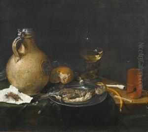 An Earthenware Tankard With A Chopped Herring On A Pewter Dish, A Pipe, A Roemer And A Bread Roll On A Draped Table by Cornelis Stangerus